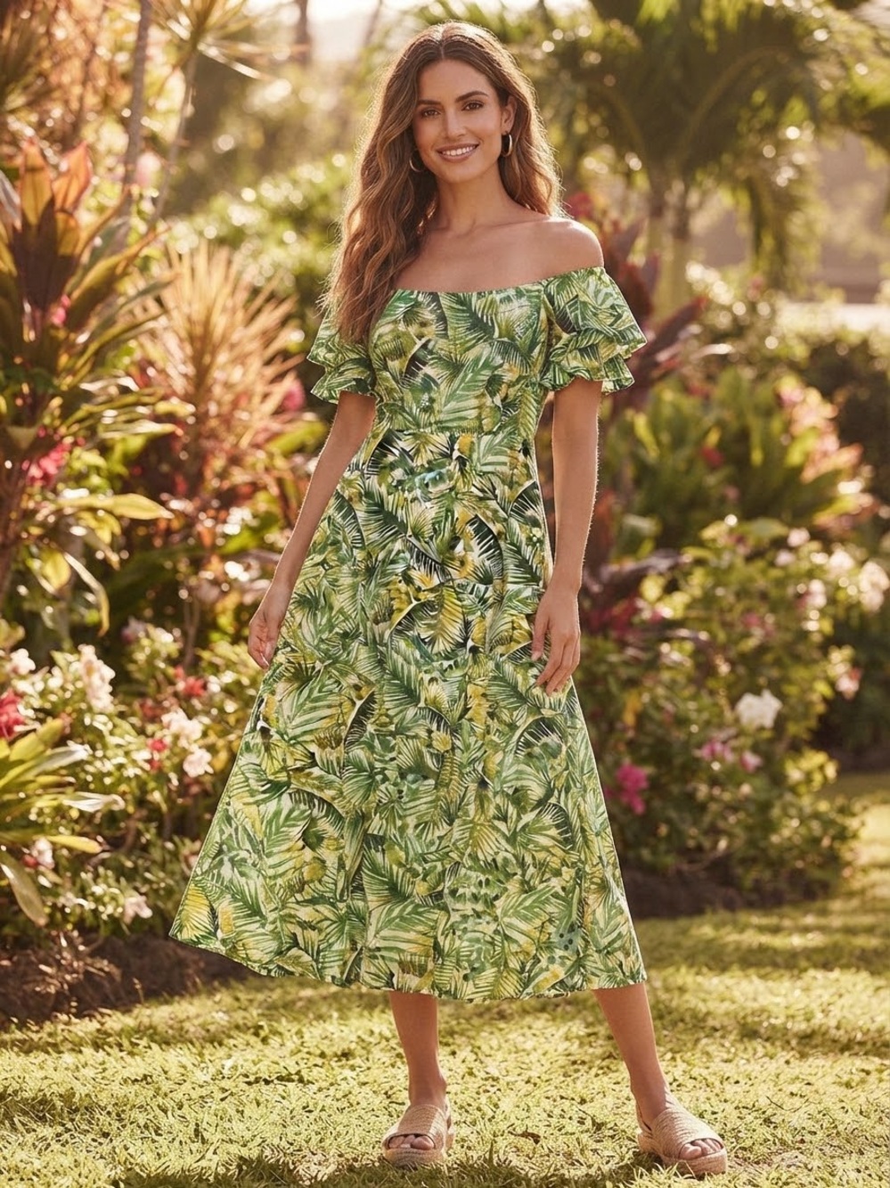 Clover and Sloane Palm Leaf Midi Dress Green Tropical Cotton Boho Size XS